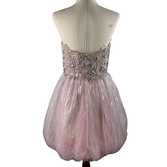 Tony Bowls Jeweled & Lace Bodice Pink Tulle & Silver Short Bubble Dress … - Picture 3 of 13